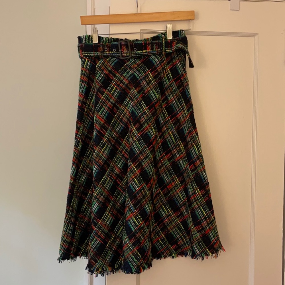 Zara Plaid Boucle Woven Belted Midi Skirt